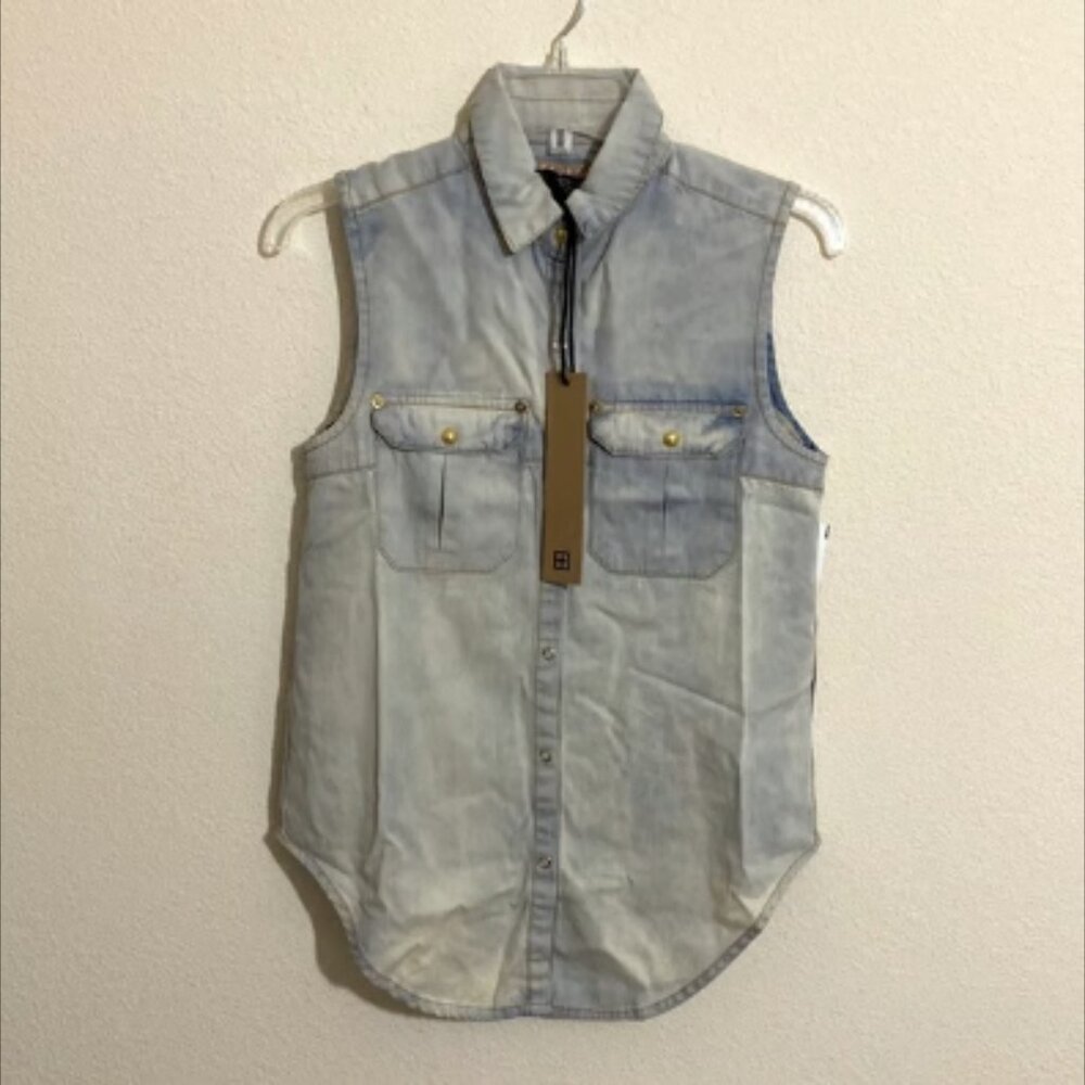 KSUBI Women's New Conquista Sleeveless Vintage-Look Denim Shirt Size M